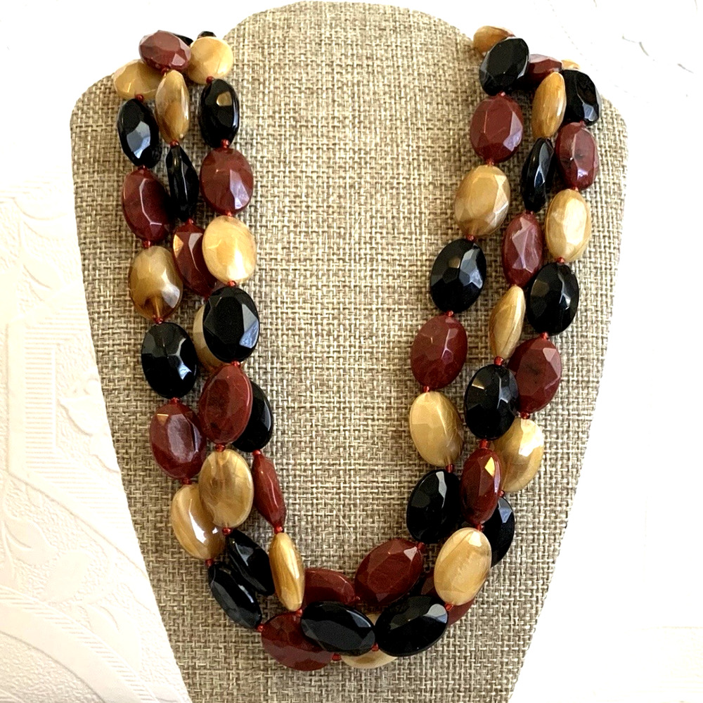 Y2K Burgundy Black Gold Acrylic Bead Triple Strand Statement Necklace 16-18"